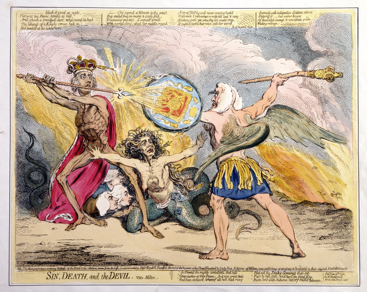 Sin, Death, and the Devil, publikovala Hannah Humphrey v roce 1792 (ručně kolorovaný lept) od James Gillray