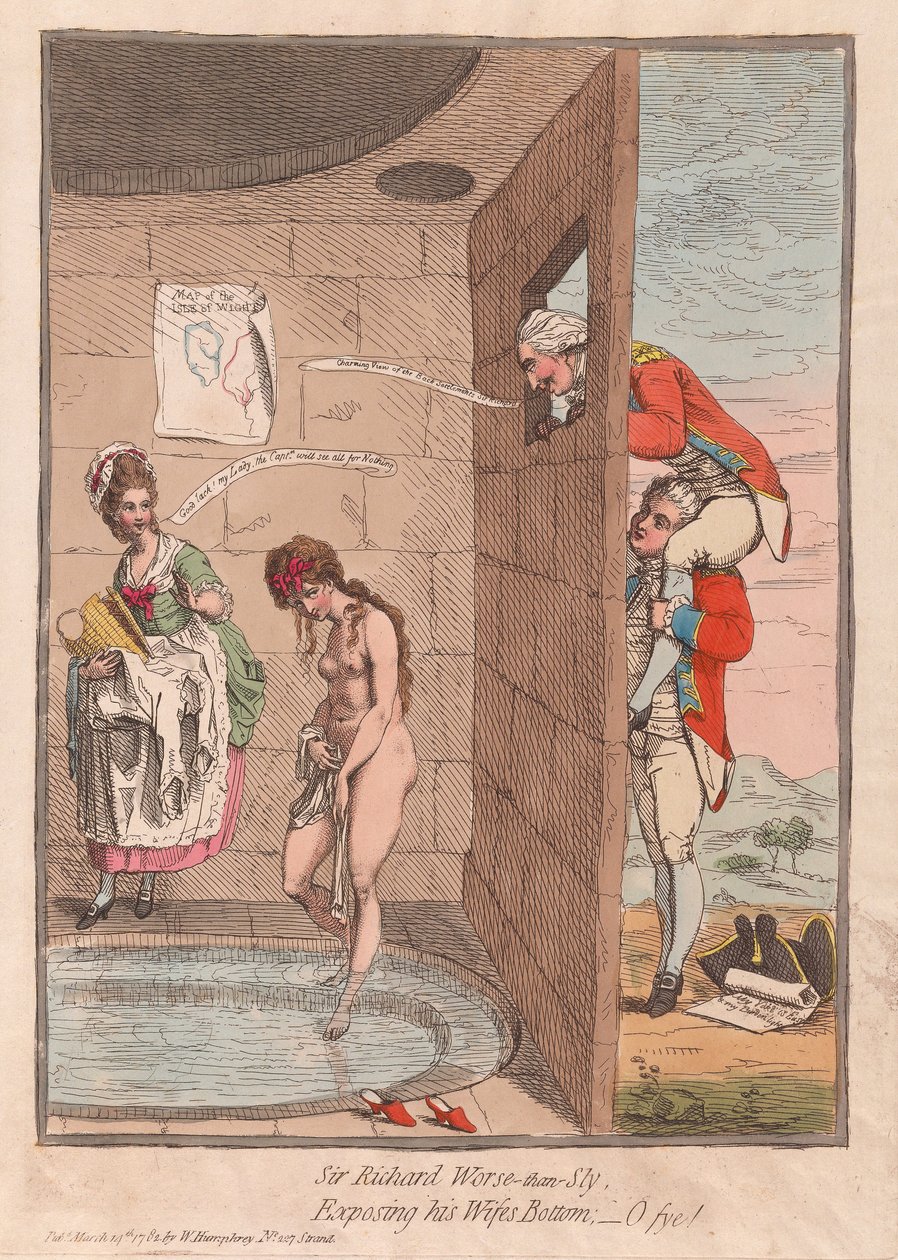 Sir Richard Worse-than-Sly, Odhalování dna svých manželek - O fye!, hospoda. 1782 (ručně kolorovaná rytina) od James Gillray