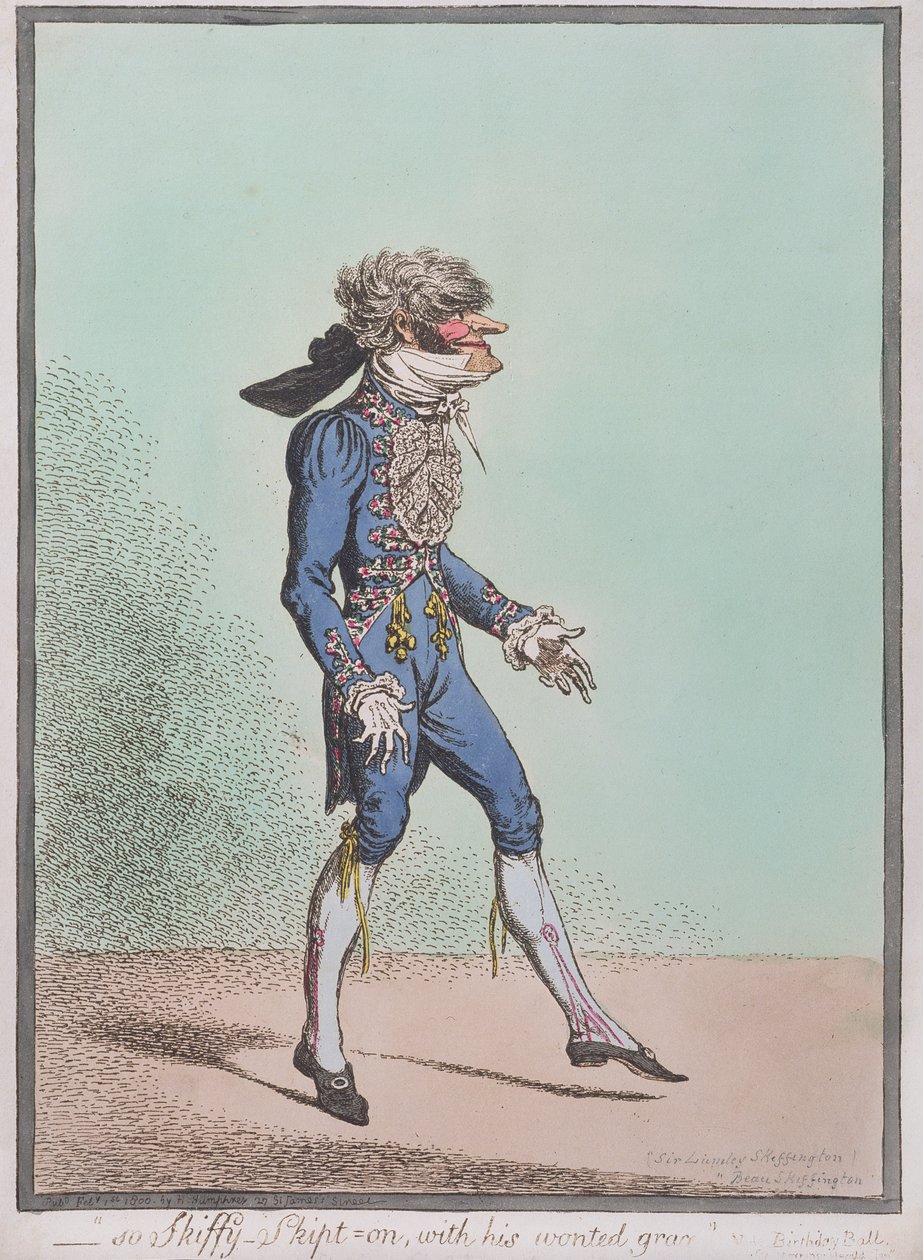 „So Skiffy-Skipt-on, s jeho zvyklou grácií“, kterou vydala Hannah Humphrey v roce 1800 (ručně kolorovaný lept) od James Gillray