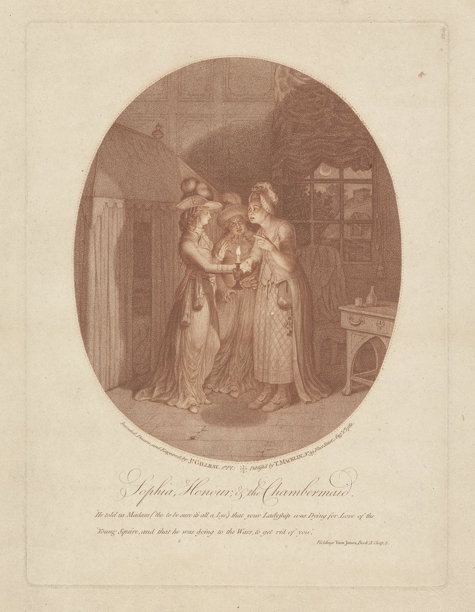 Sophia, Honour, and the Chambermaid, scéna z Toma Jonese od Henryho Fieldinga (1707-54) (tečkovaná rytina) od James Gillray