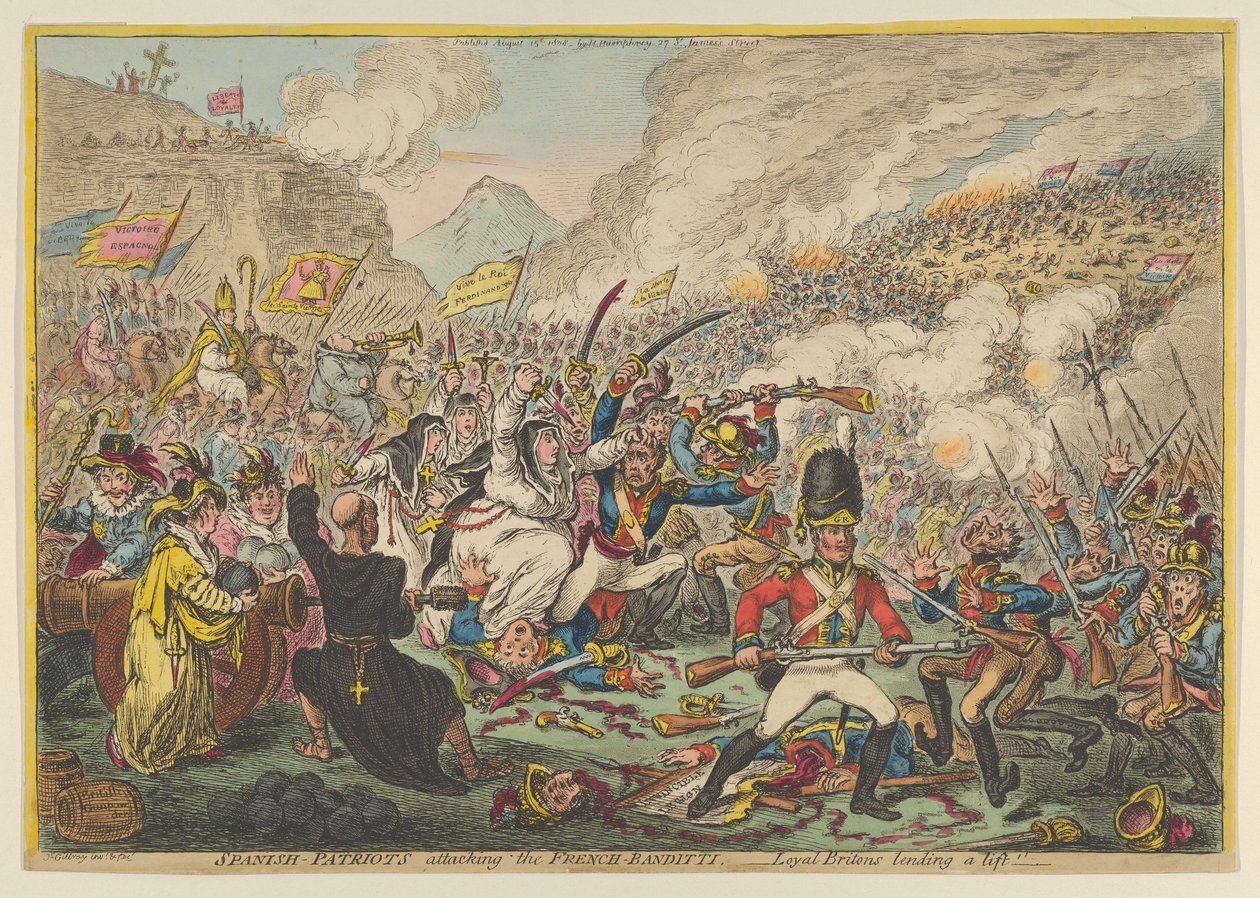 Španělští patrioti útočí na Francouze-Banditti-loajální Brity Lending a Lift, A..., 15. srpna 1808. od James Gillray