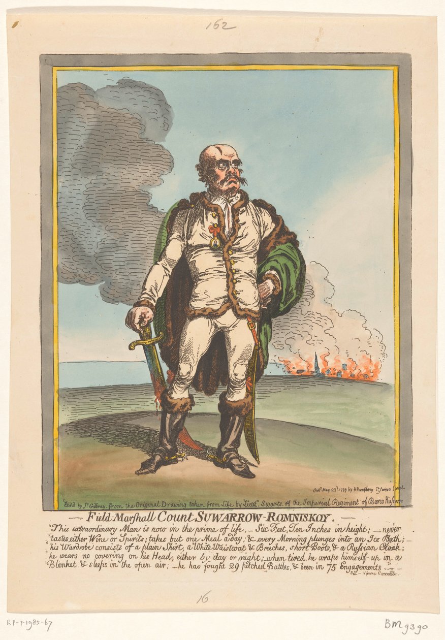 Karikatura na Aleksandr Suvorov, 1799 Polní maršál hrabě Suwarrow-Romniskoy (titul na předmětu) od James Gillray