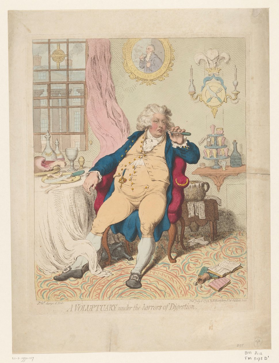 Spotpret na George IV, 1792 Voluptuary under the horrors of Digestion (název na předmětu) od James Gillray