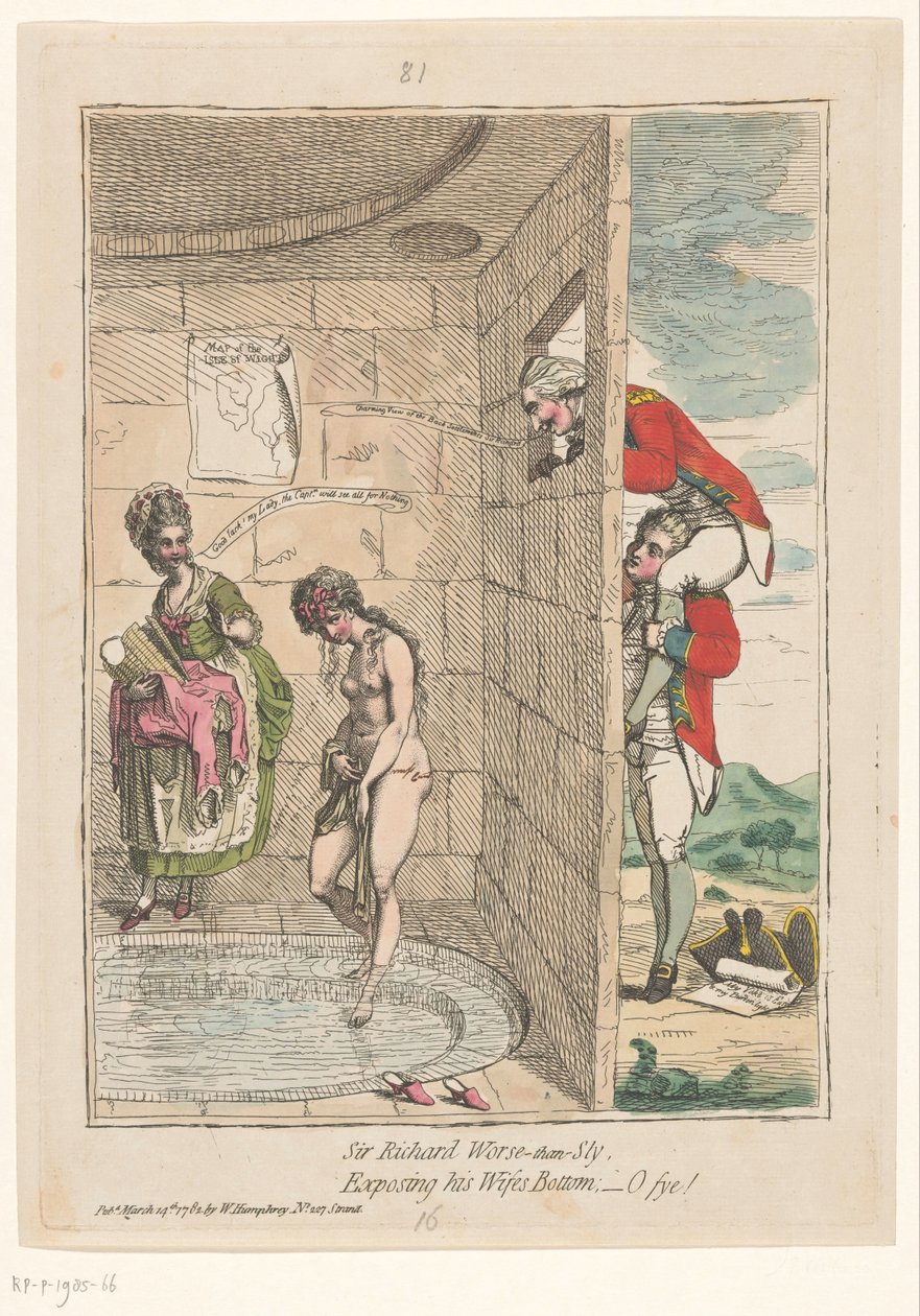 Spotpret sira Richarda Worsleyho Sir Richard horší než lstivý, odhalující zadek své ženy; -o fye! (název na objektu) od James Gillray