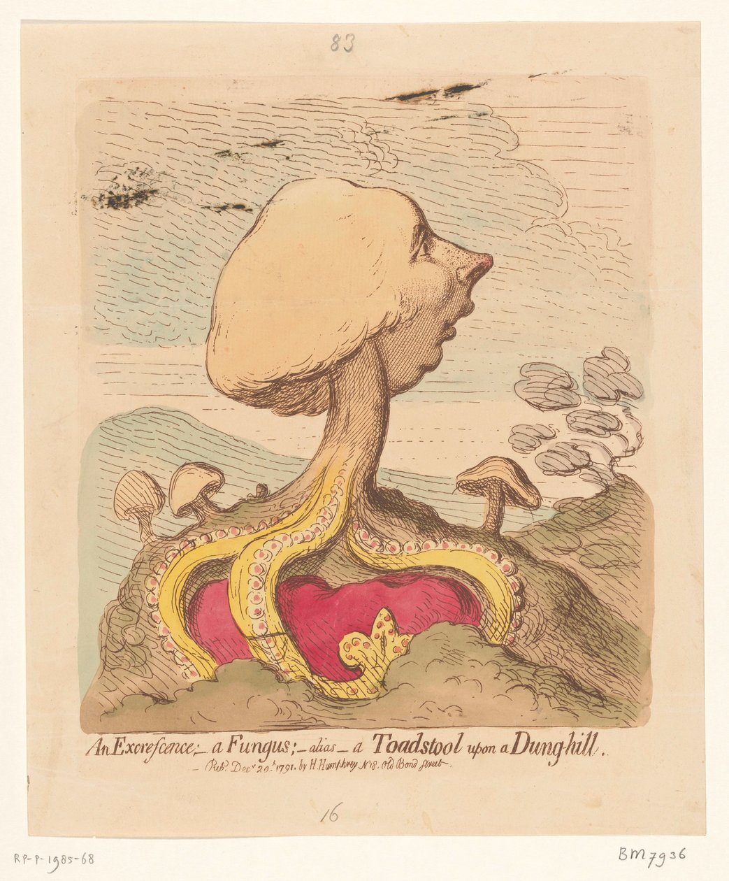 Karikatura Williama Pitta mladšího, 1791 Výrůstek; - houba; -alias- Muchomůrka na kopci hnoje od James Gillray