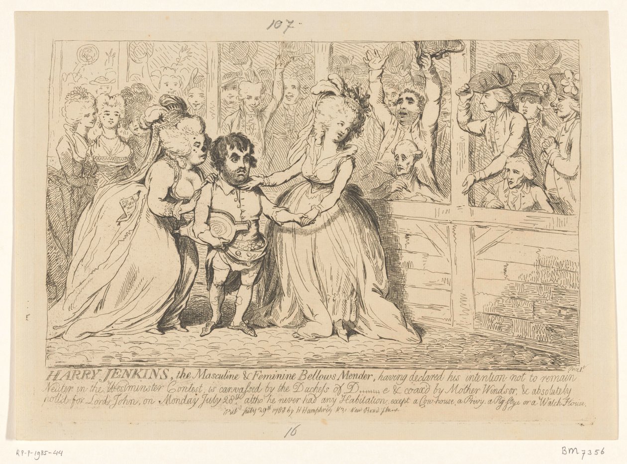 Karikatura anglické domácí politiky, 1788 Harry Jenkins, The Masculine & Feminine Bellow Mender od James Gillray