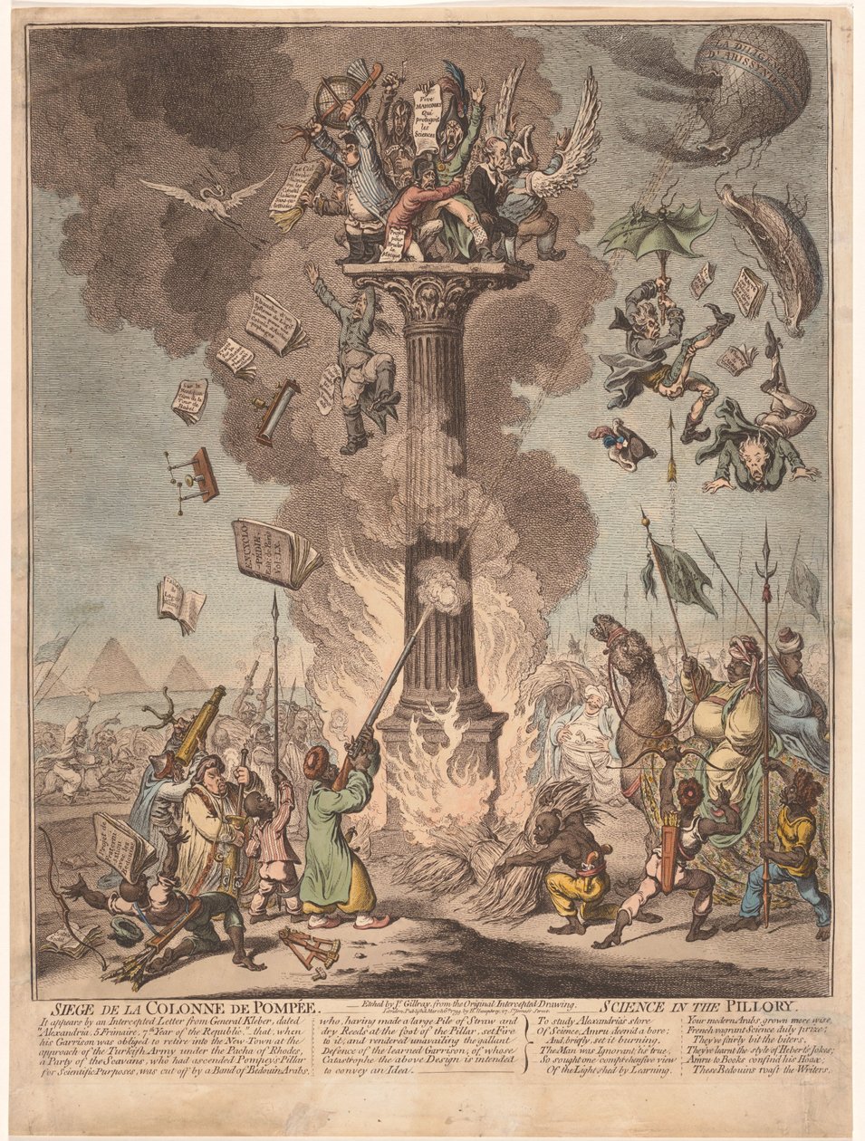 Karikatura francouzské expedice do Egypta, 1799 Siege de la Colonne de Pompee / Věda na pranýři (název na předmětu) od James Gillray