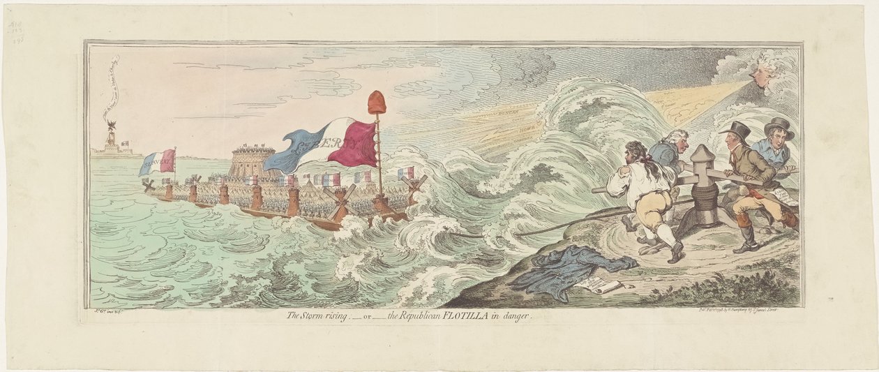 Cartoon francouzských plánů na invazi do Anglie, 1798 Bouře stoupá - nebo - republikánská flotila v nebezpečí (název na předmětu) od James Gillray