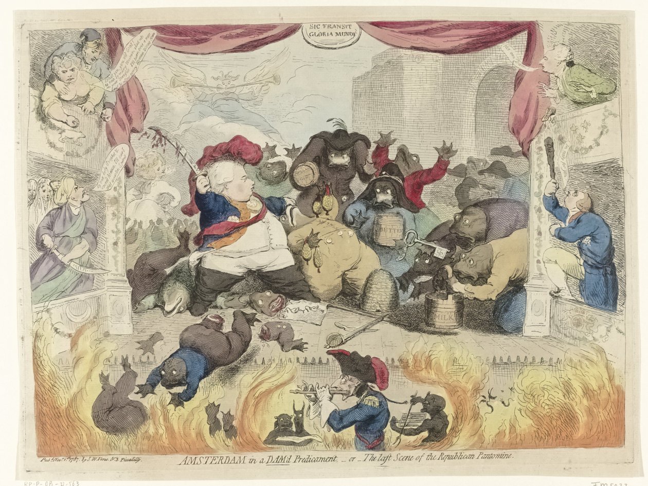 Karikatura paniky mezi patrioty po uzdravení stadtholdera Williama V., 1787 Amsterdam ve svízelné situaci, - nebo - Poslední scéna republikánské pantomimy (název na objektu) od James Gillray