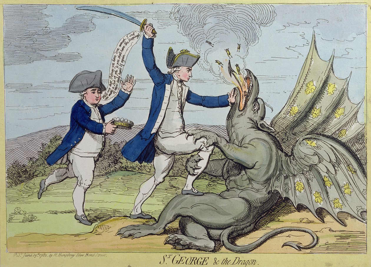 St. George and the Dragon, vydal Hannah Humphrey v roce 1782 (ručně kolorovaný lept) od James Gillray
