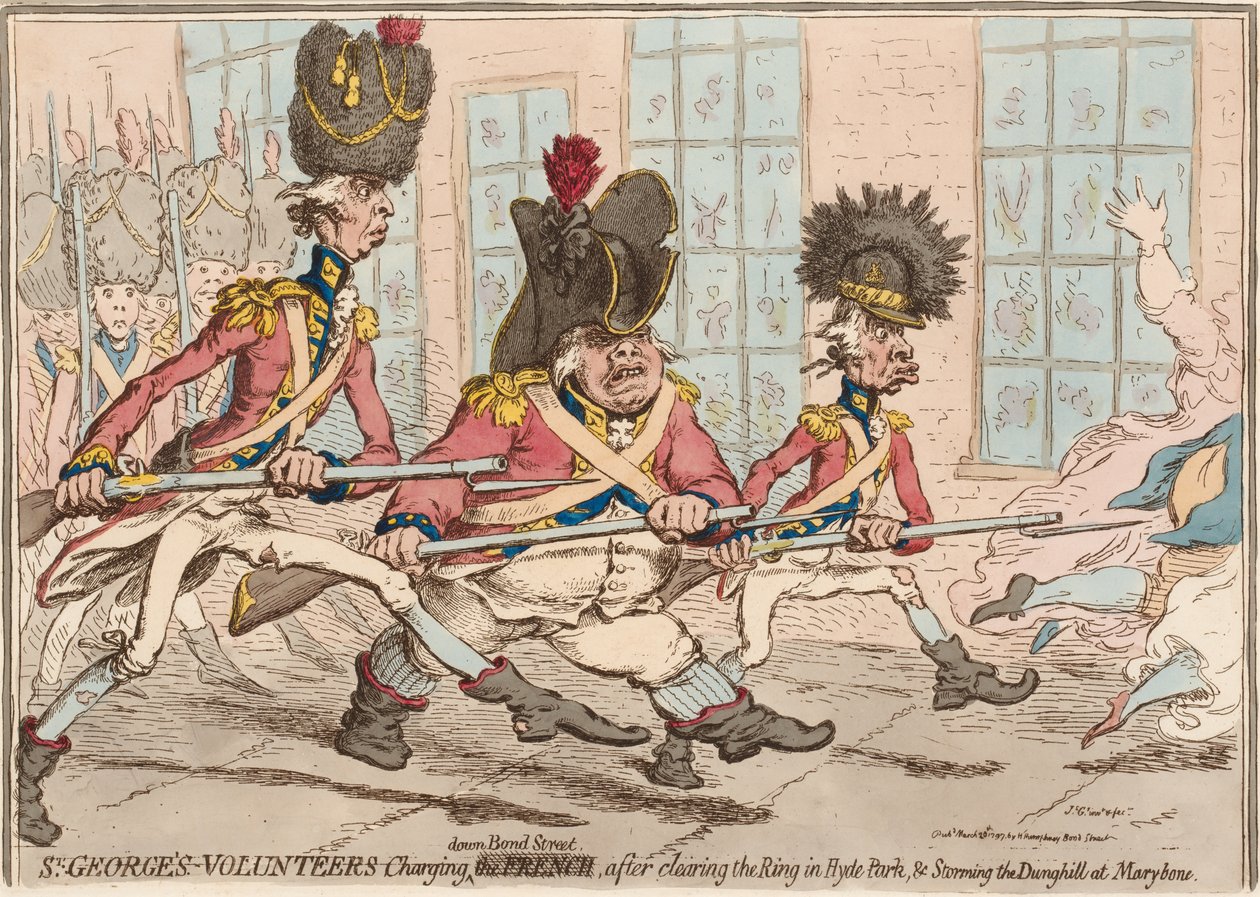 „Dobrovolníci svatého Jiřího útočí na Bond Street, poté, co vyčistí Ring v Hyde Parku a zaútočí na Dunghill v Marlybone? od James Gillray