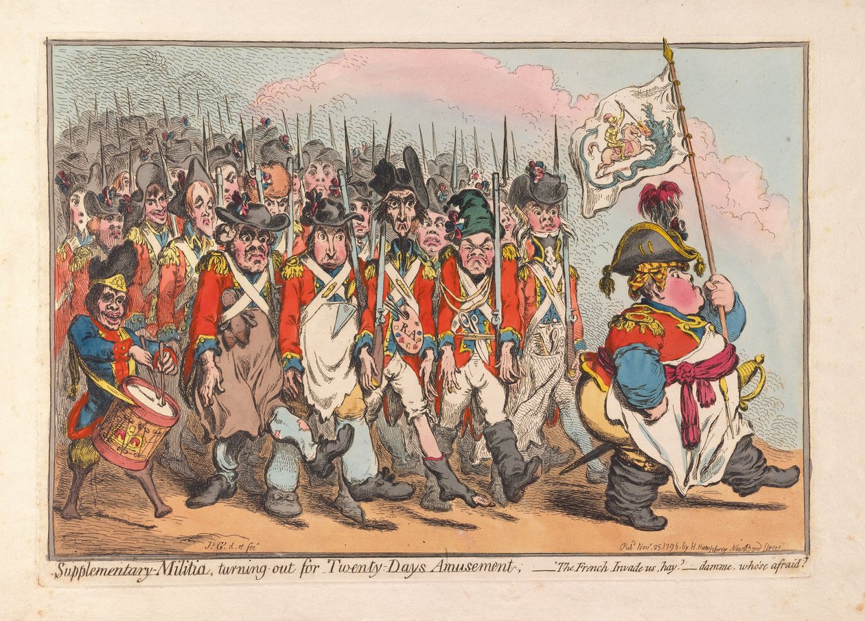 Doplňková milice, vyráží na Twenty Days Amusement, hospoda. 1796 (ručně kolorovaná rytina) od James Gillray