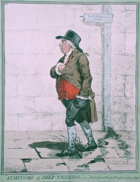 Symptoms of Deep Thinking, publikoval Hannah Humphrey v roce 1800 (ručně kolorovaný lept) od James Gillray