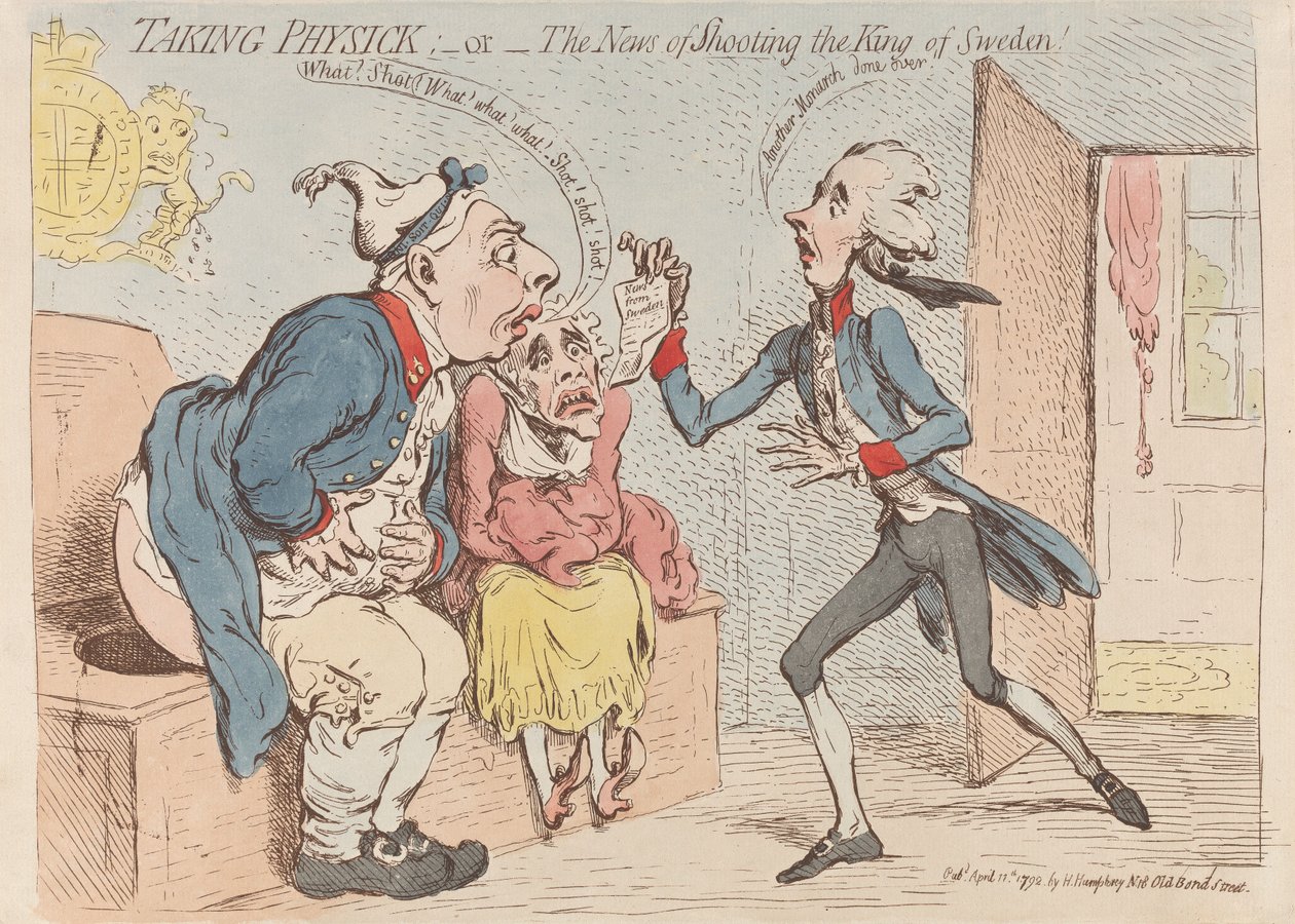 „Taking Physick“; – aneb – Zpráva o zastřelení švédského krále! od James Gillray