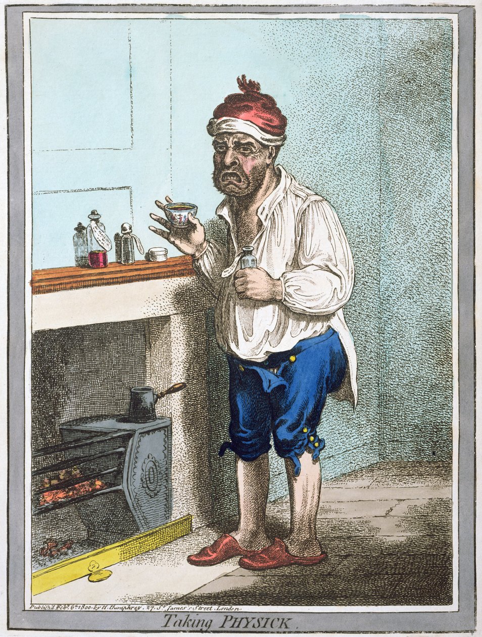 Taking Physick, vydala Hannah Humphrey v roce 1800 (ručně kolorovaný lept) od James Gillray