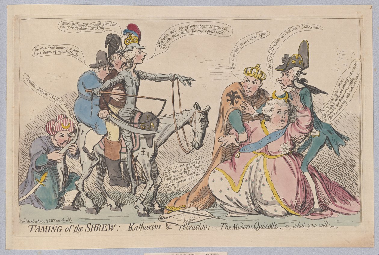 Zkrocení zlé ženy: Katherine & Petruchio; The Modern Quijotte, nebo co chcete, hospoda. 1791 (ručně kolorovaná rytina) od James Gillray
