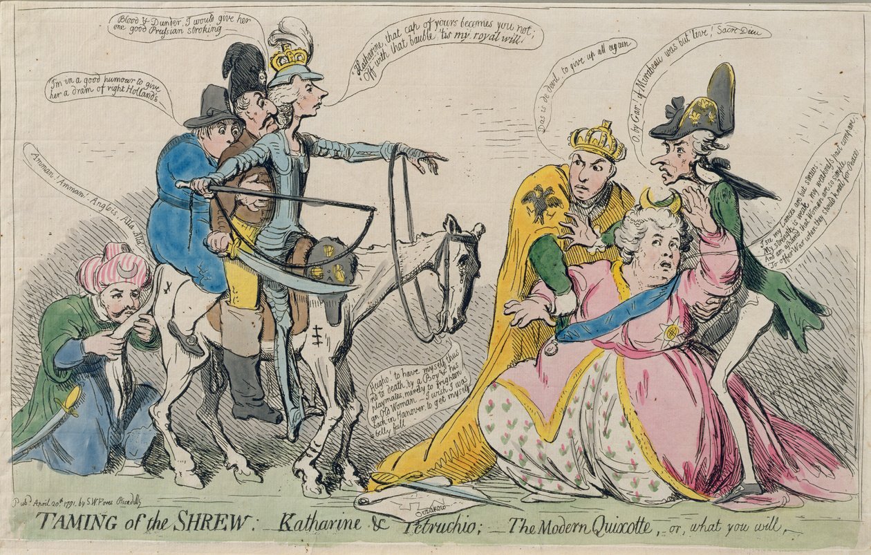 Zkrocení zlé ženy: Katherine und Petruchio aneb Moderní Quijote, nakladatelství S.W. Fores v roce 1791 (ručně kolorovaný lept) od James Gillray