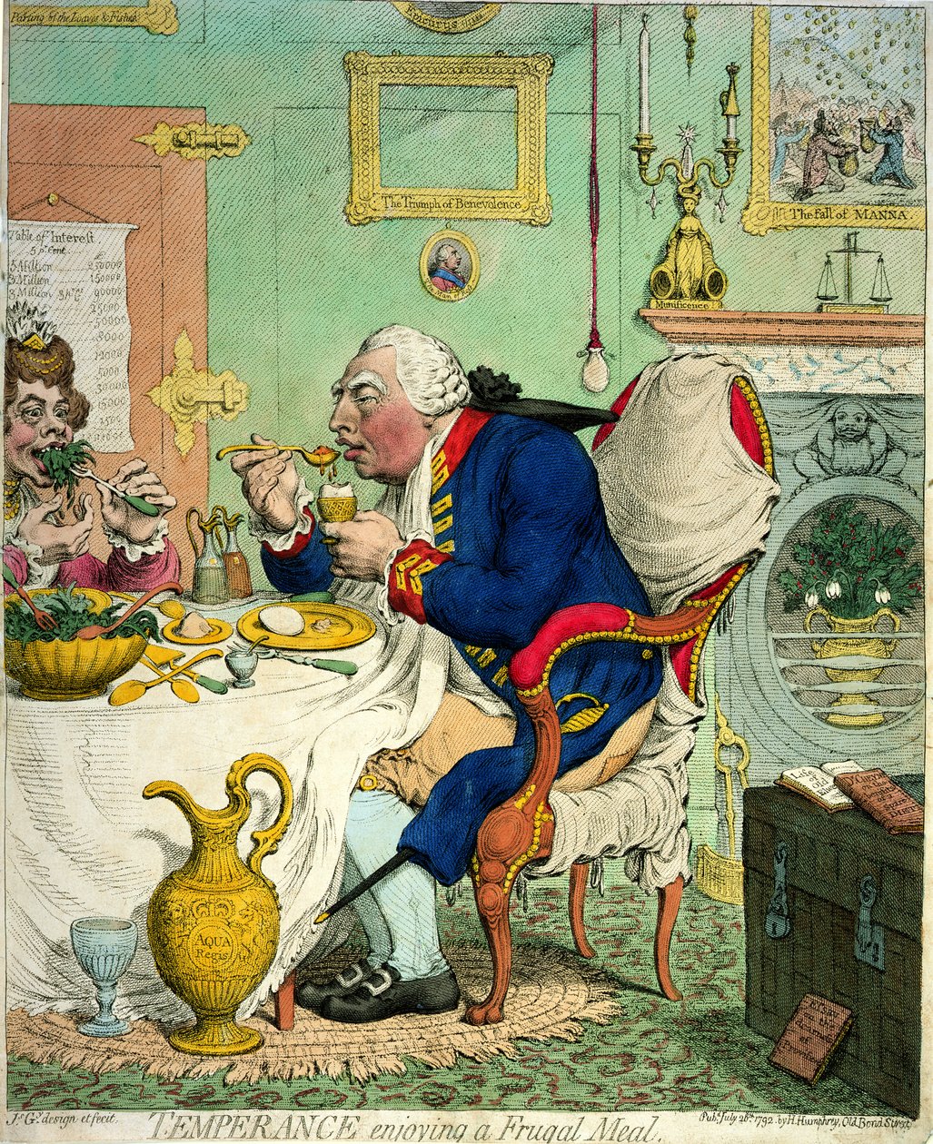 Temperance enjoying a Frugal Meal, publikovala Hannah Humphrey, 1792 od James Gillray