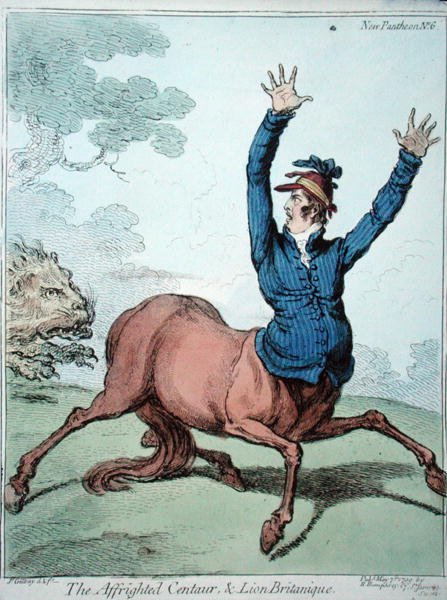 The Affrighted Kentaur and the Lion Britanique, publikovala Hannah Humphrey v roce 1799 (ručně kolorovaný lept) od James Gillray