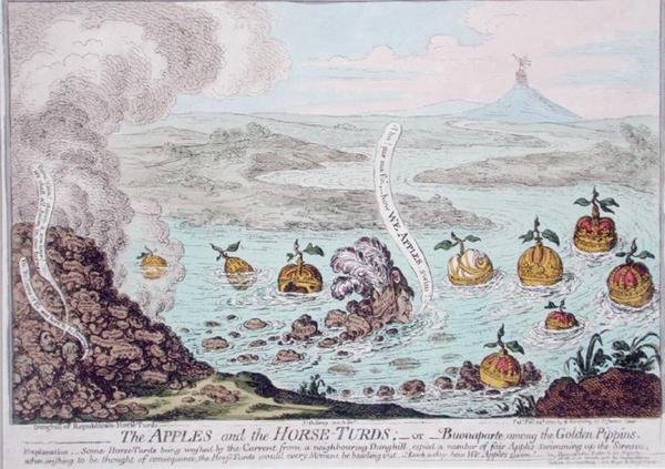 Jablka a koně-tuři aneb Buonaparte mezi zlatými pipinami, vydala Hannah Humphrey v roce 1800 (ručně kolorovaný lept) od James Gillray