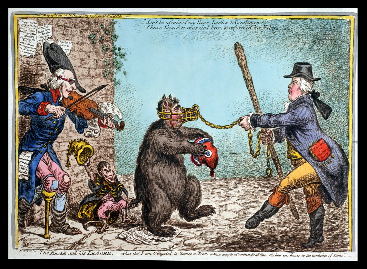 Medvěd a jeho vůdce, vydané Hannah Humphrey v roce 1806 (ručně kolorovaný lept) od James Gillray