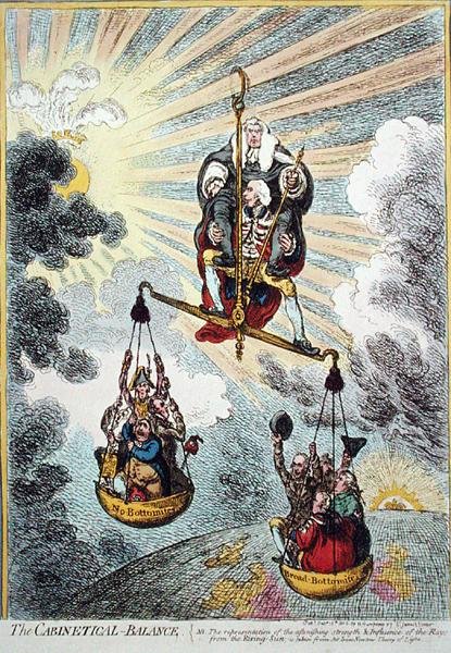 The Cabinetical Balance, vydané Hannah Humphrey v roce 1806 (ručně kolorovaný lept) od James Gillray