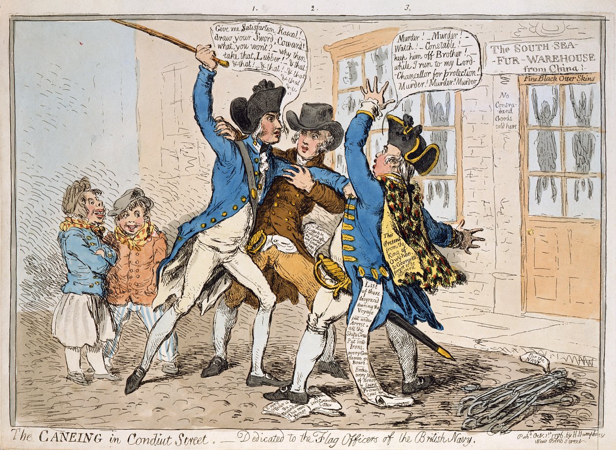 The Caneing in Conduit Street, vydal Hannah Humphrey, 1796 (ručně kolorovaný lept) od James Gillray