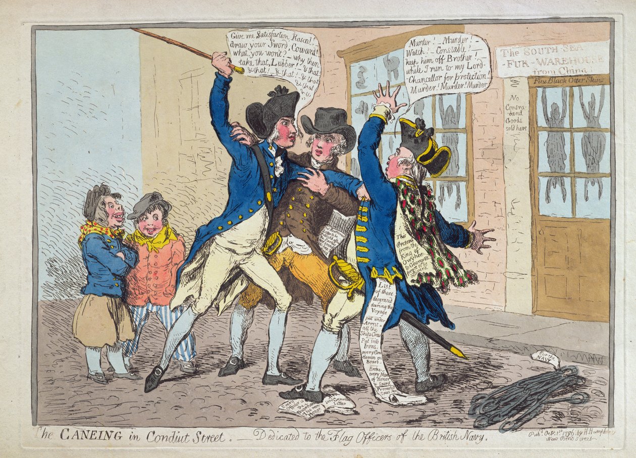 The Caneing in Conduit Street, vydané Hannah Humphrey v roce 1796 (ručně kolorovaný lept) od James Gillray