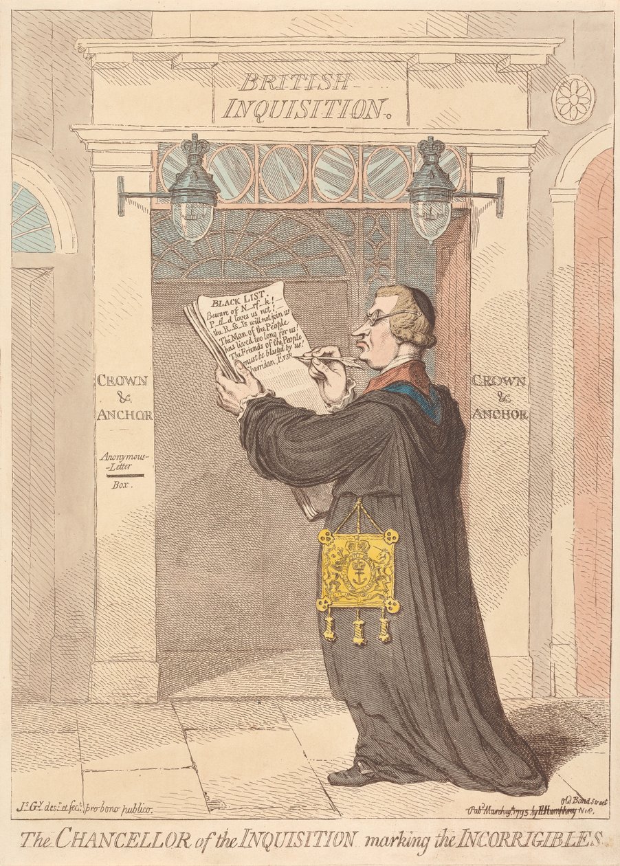 Kancléř inkvizice označuje nenapravitelné od James Gillray