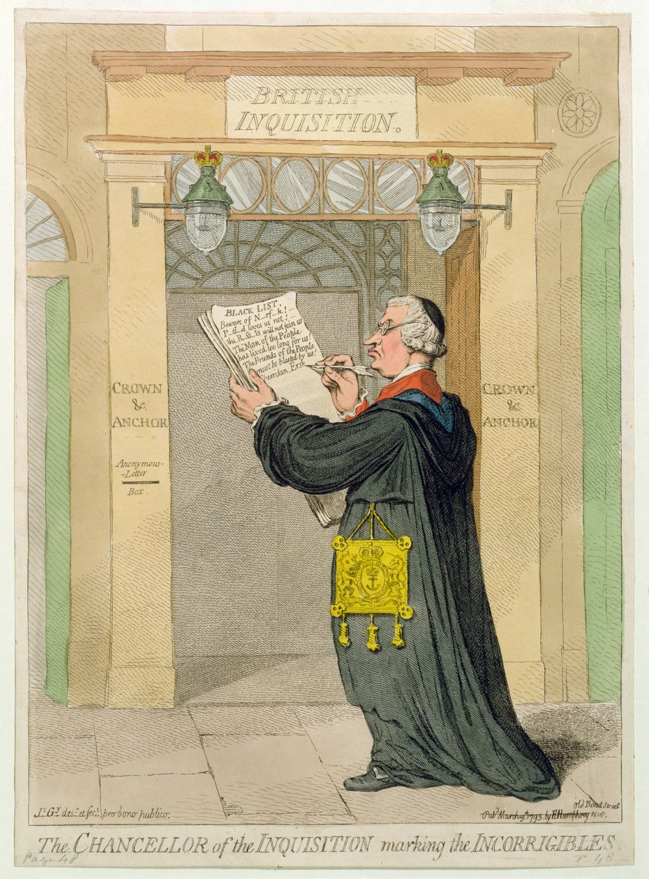 Kancléř inkvizice označující inkviziční soudce, vydala Hannah Humphrey v roce 1793 (ručně kolorovaný lept) od James Gillray