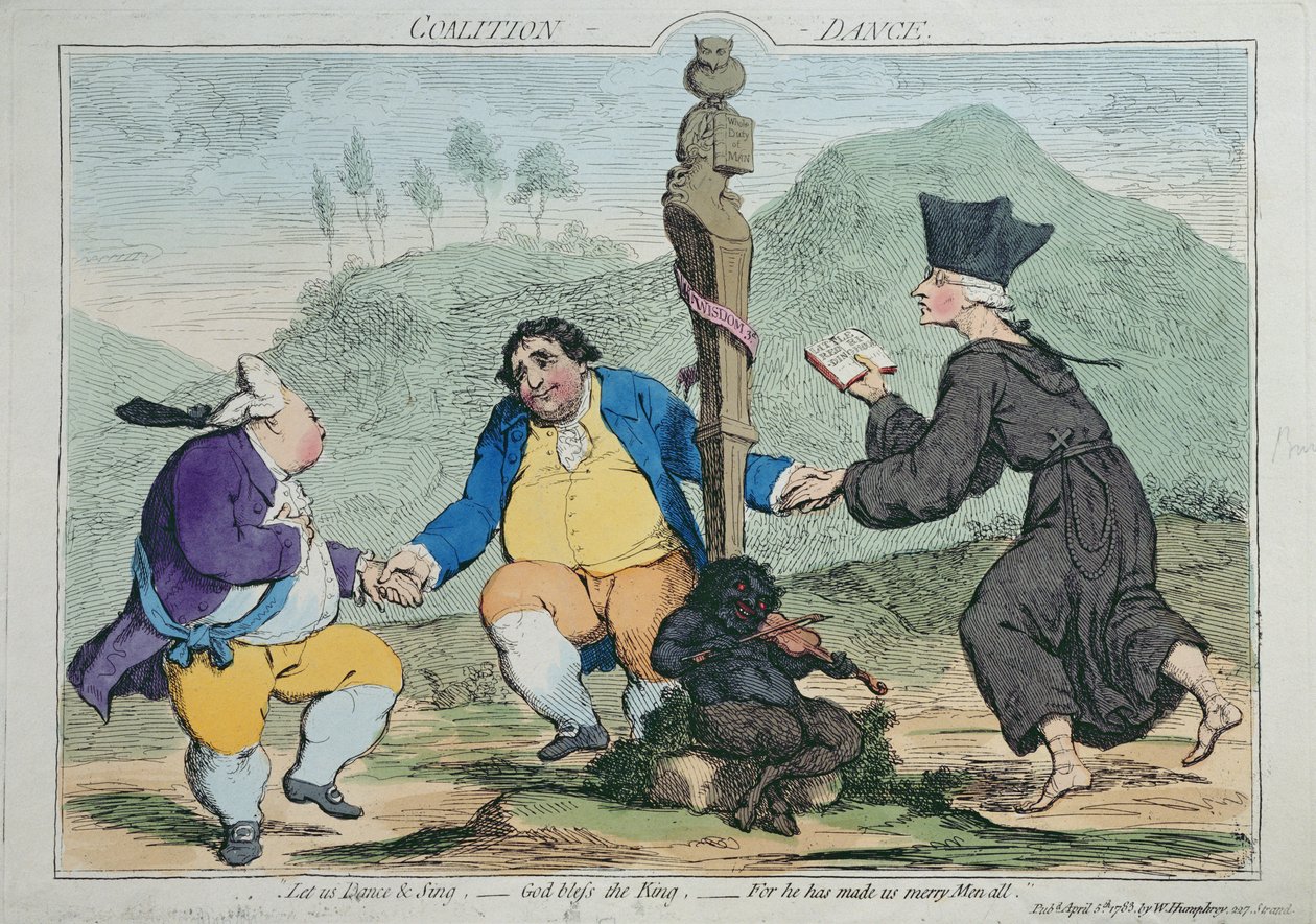 Koaliční tanec, publikoval William Humphrey v roce 1783 (ručně kolorovaný lept) od James Gillray