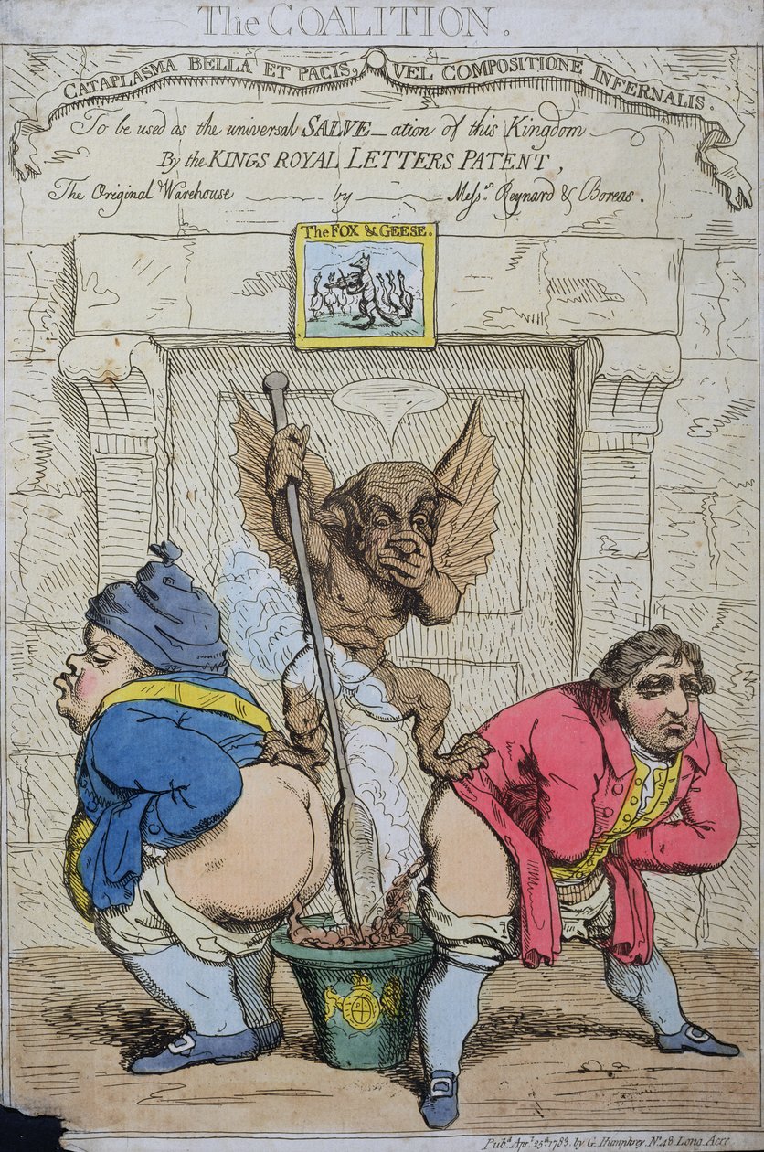 The Coalition, vydal G. Humphrey v roce 1783 (ručně kolorovaný lept) od James Gillray
