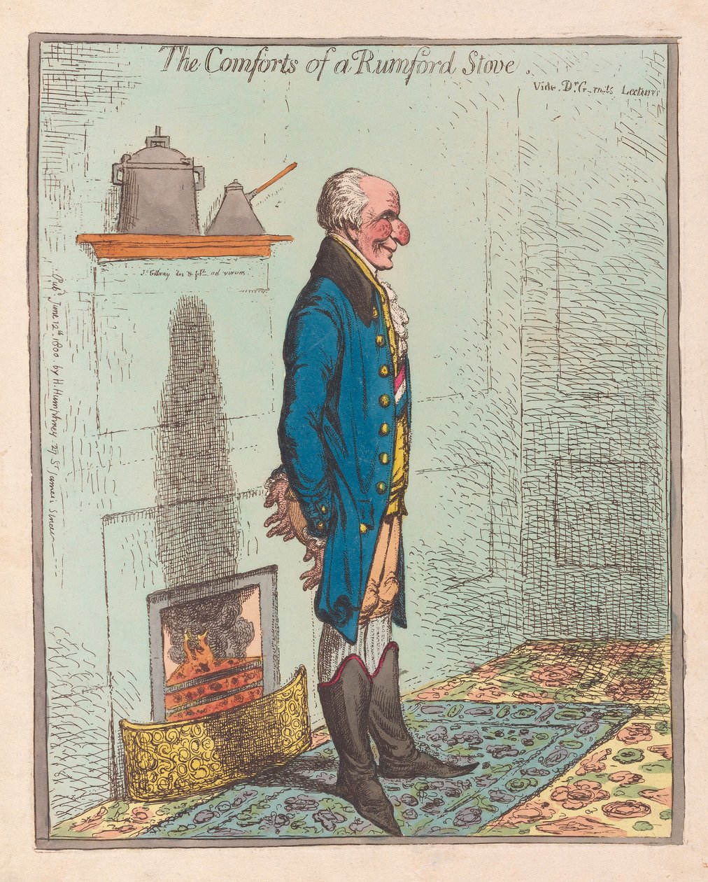 The Comforts of a Rumford Stove, pub 1800 (ručně kolorovaná rytina) od James Gillray