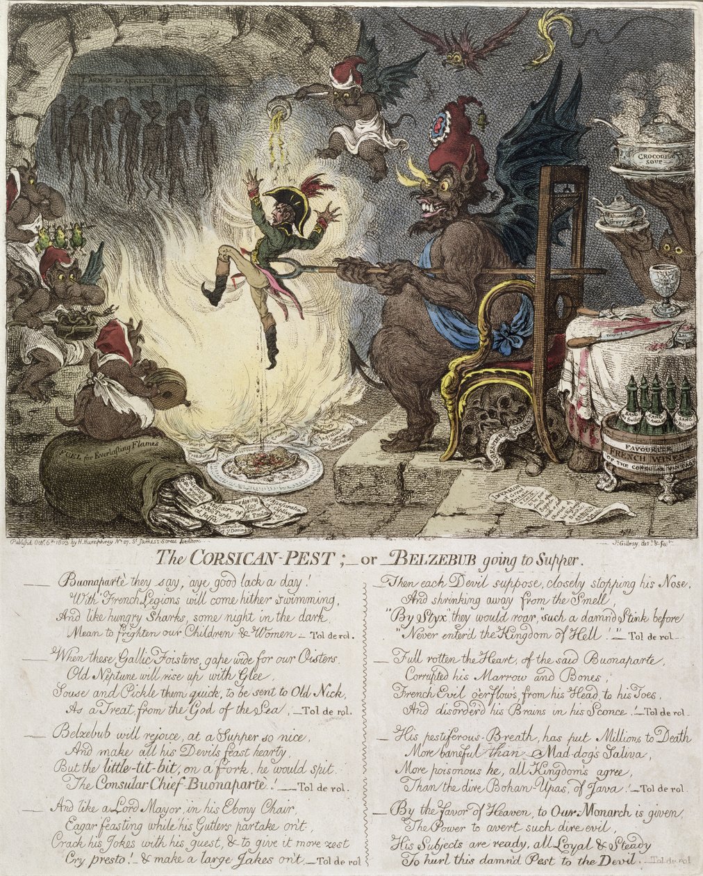 Korsický mor aneb Belzebub jde na večeři, vydala Hannah Humphreyová v roce 1803 (ručně kolorovaný lept) od James Gillray