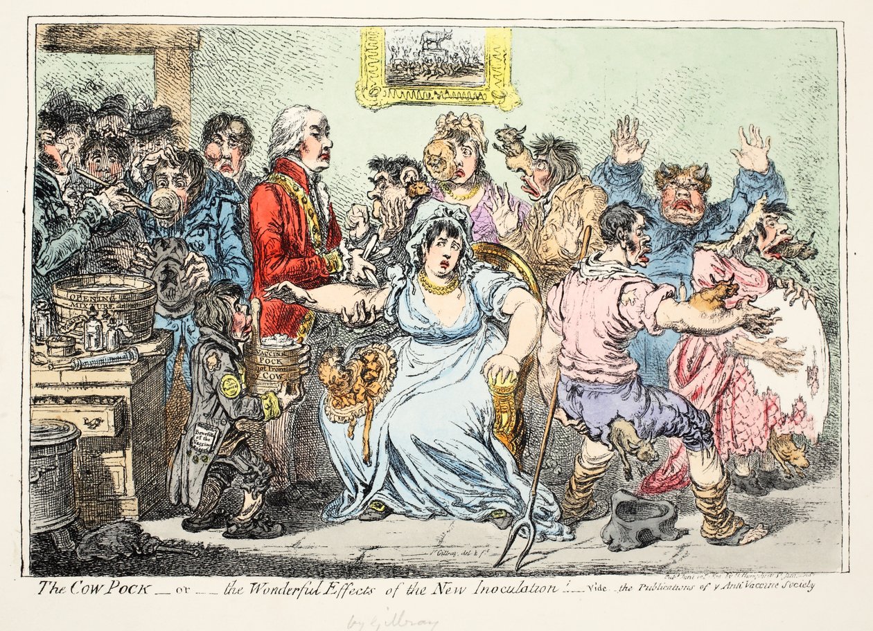 The Cow Neck aneb úžasné účinky nového očkování! Prohlédněte si publikace Antivakcinační společnosti, hospoda H. Humphreyse od James Gillray