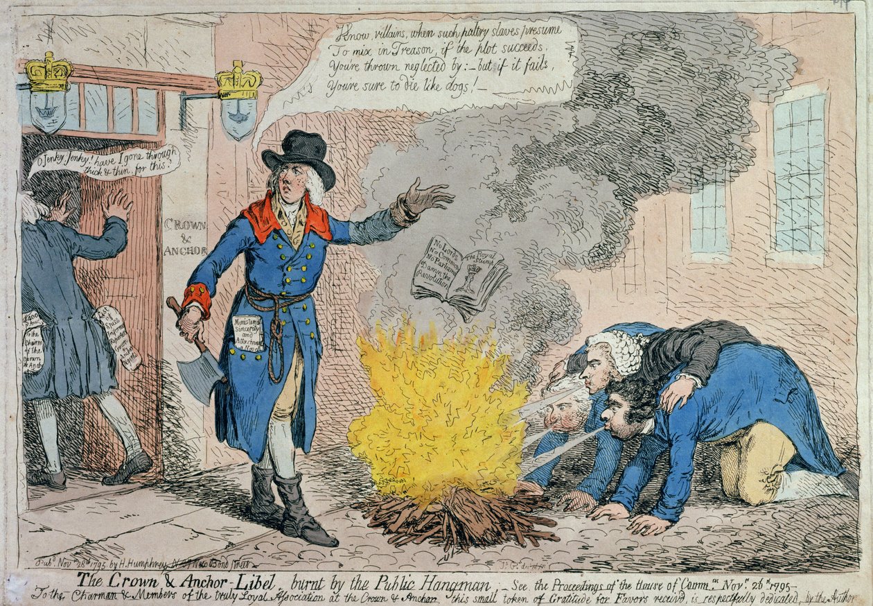 The Crown und Anchor Libel burnt by the Public Hangman, vydáno Hannah Humphrey v roce 1795 (ručně kolorovaný lept) od James Gillray