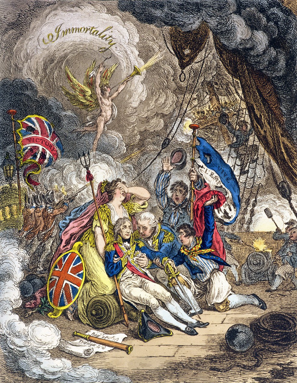 Smrt admirála lorda Nelsona v okamžiku vítězství! vydal Hannah Humphrey v roce 1805 (ručně kolorovaný lept) od James Gillray