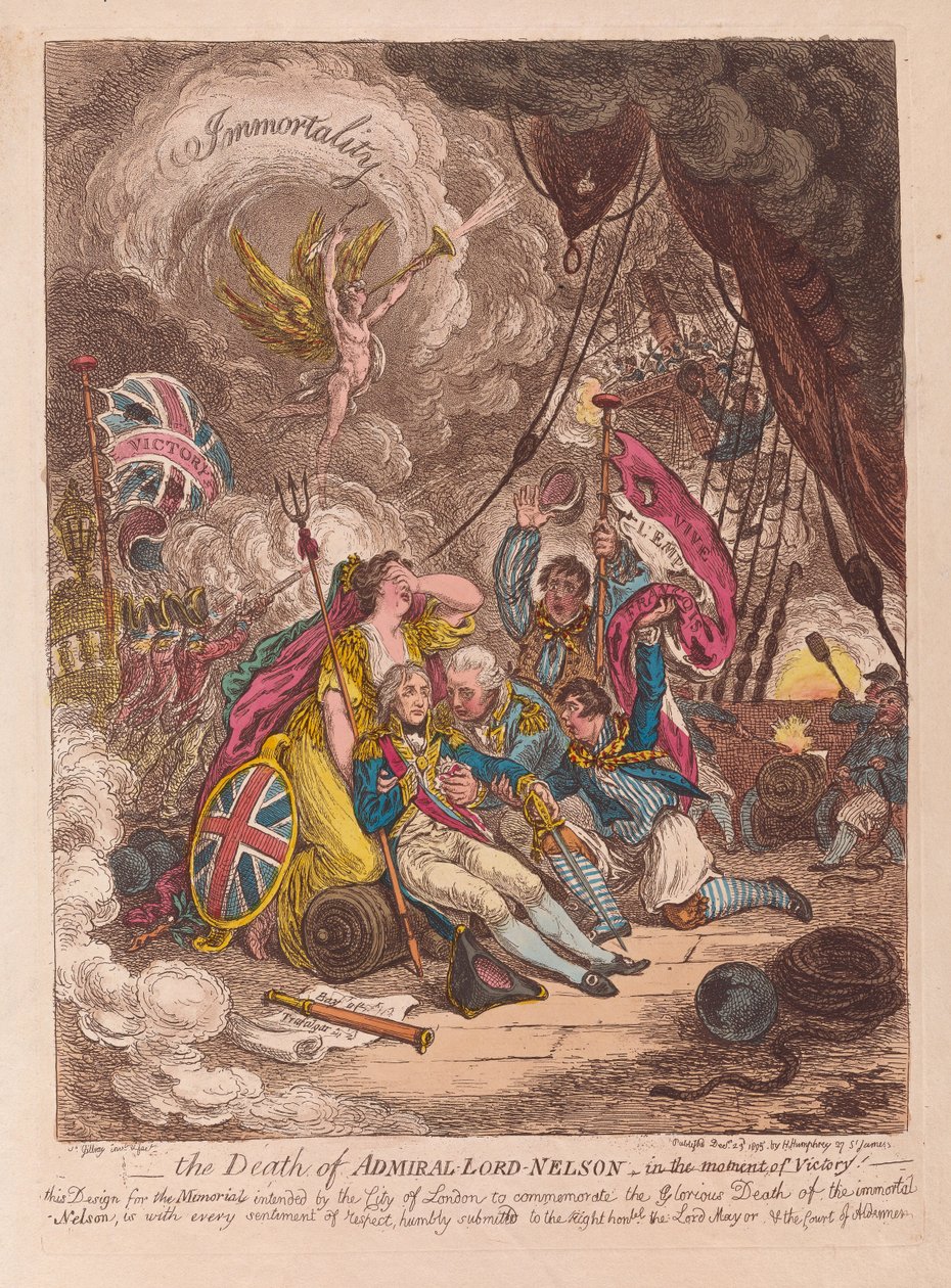 Smrt admirála lorda Nelsona, v okamžiku vítězství, hospoda. 1805 (ručně kolorovaná rytina) od James Gillray
