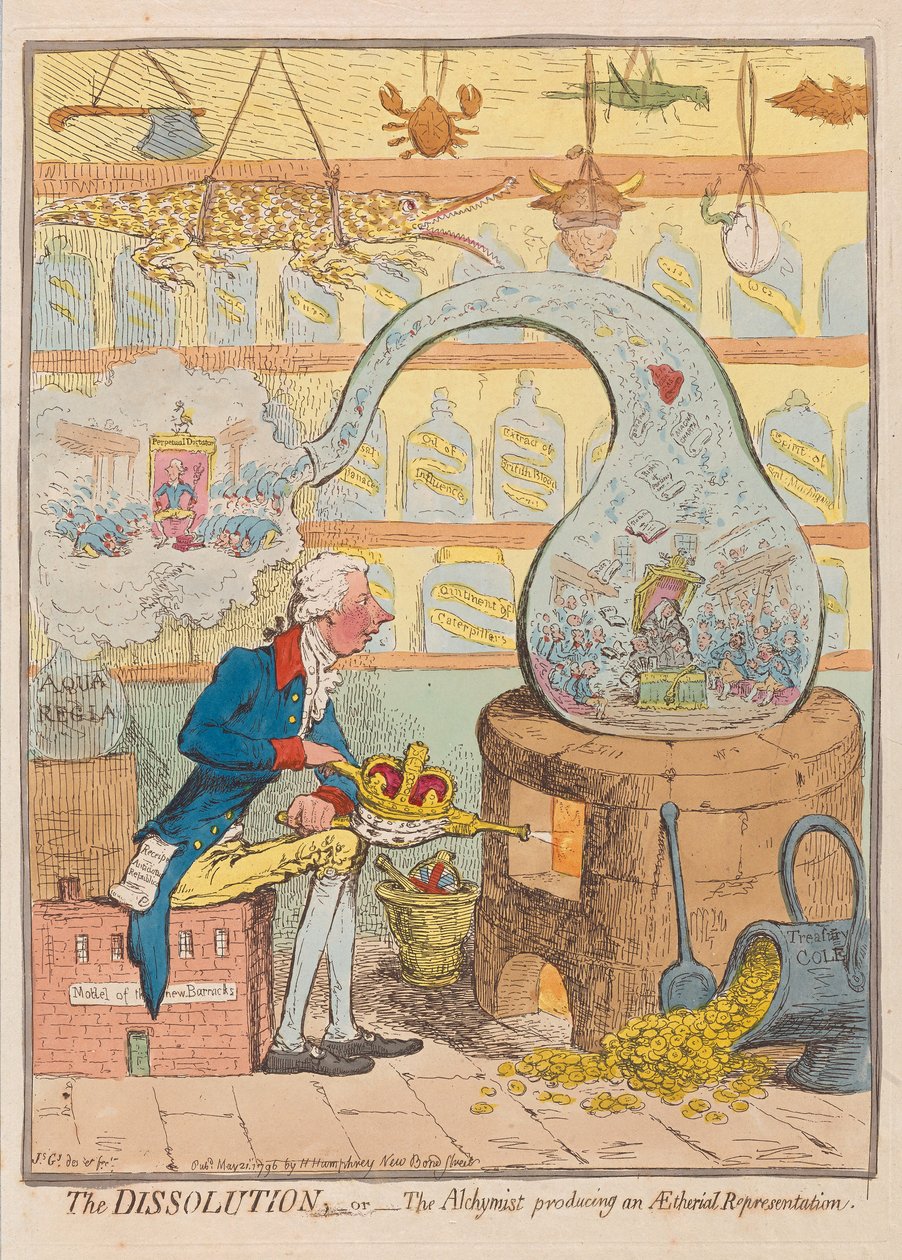 The Dissolution aneb The Alchymist produkující Aetherial Representation, pub. 1796 (ručně kolorovaná rytina) od James Gillray