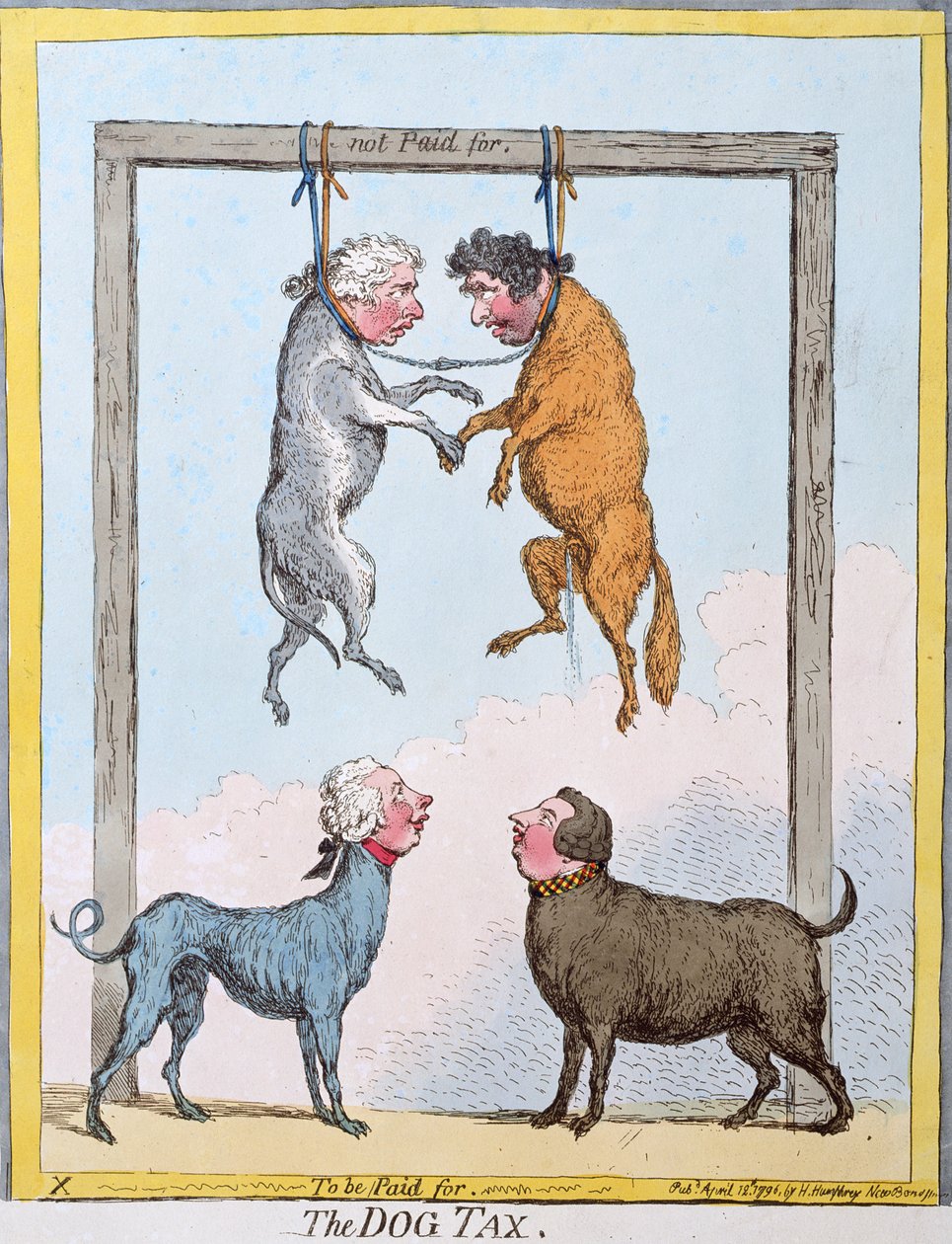Psí daň, kterou vydala Hannah Humphrey v roce 1796 (ručně kolorovaný lept) od James Gillray