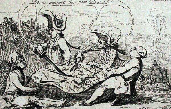 Nizozemské divize, publikoval S. W. Fores v roce 1787 (lept) od James Gillray