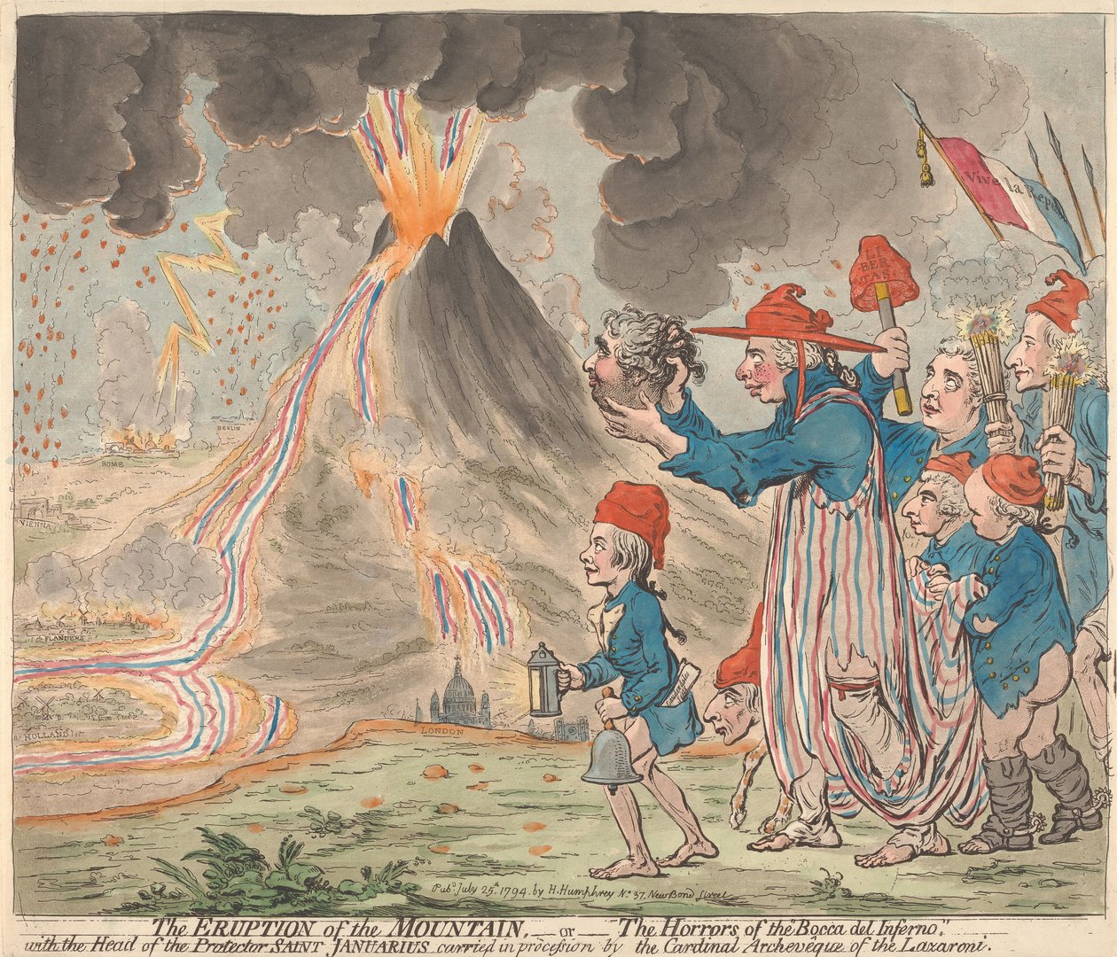 Výbuch hory - neboli - Hrůzy Bocca del Inferno - s hlavou ochranného světce Januaria nesenou v procesích kardinálem arcibiskupem Lazzaroni od James Gillray
