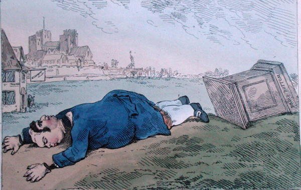 The Fall of Dagon, aneb Rare News for Leadenhall Street, publikoval William Humphrey v roce 1784 (ručně kolorovaný lept) od James Gillray