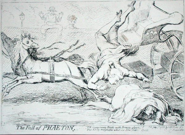 The Fall of Phaeton, vydané nakladatelstvím S.W. Fores v roce 1788 (lept) od James Gillray