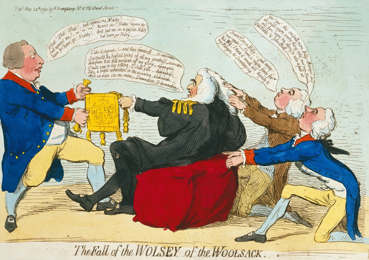 The Fall of the Wolsey of the Woolsack, publikovala Hannah Humphrey v roce 1792 (ručně kolorovaný lept) od James Gillray