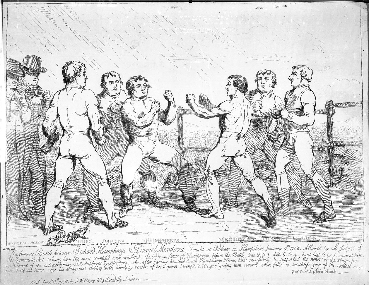 Slavná bitva mezi Richardem Humphreysem a Danielem Mendozou, 9. ledna 1788 od James Gillray