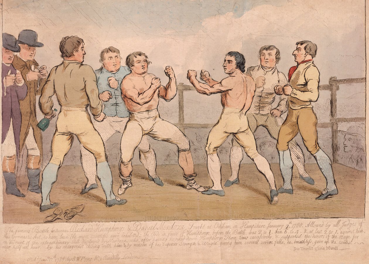 Slavná bitva mezi Richardem Humphreysem a Danielem Mendozou, 9. ledna 1788, pub. 1788 (ručně kolorovaná rytina) od James Gillray