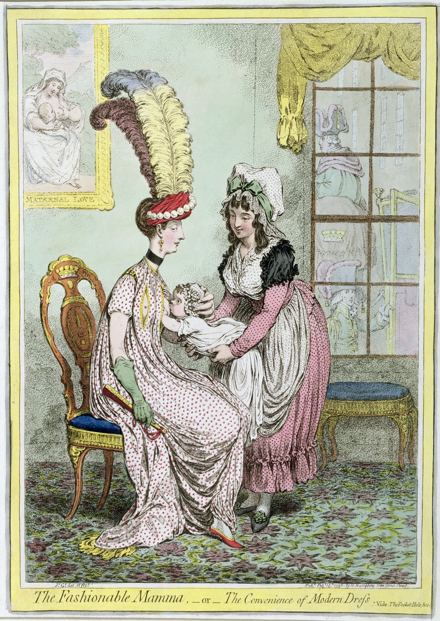The Fashionable Mamma, aneb The Convenience of Modern Dress, vydaná v roce 1796 (barevná rytina) od James Gillray