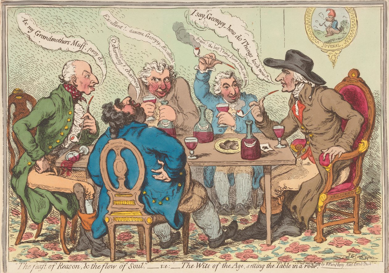Svátek rozumu a proud duše – tj.: – Ducha doby, který s velkým rozruchem prostírá stůl od James Gillray