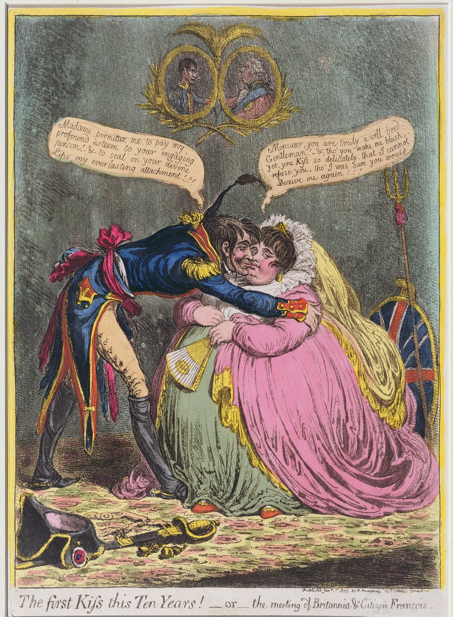 První polibek za deset let! nebo The Meeting of Britannia und Citizen Francois, vydané Hannah Humphrey v roce 1803 (ručně kolorovaný lept s akvatintou) od James Gillray